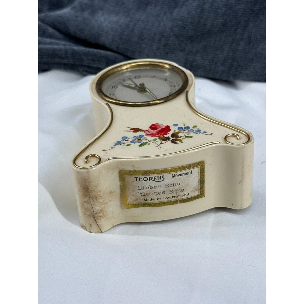 VTG Thorens Liebes Echo Musical Alarm Clock Swiss Movement Germany Floral *READ*
